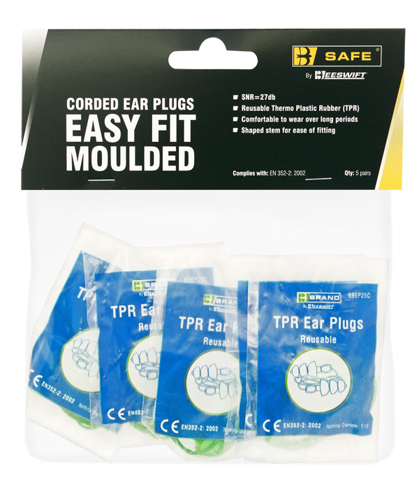 TPR EASY FIT CORDED EAR PLUGS 5 PACK - BS002C
